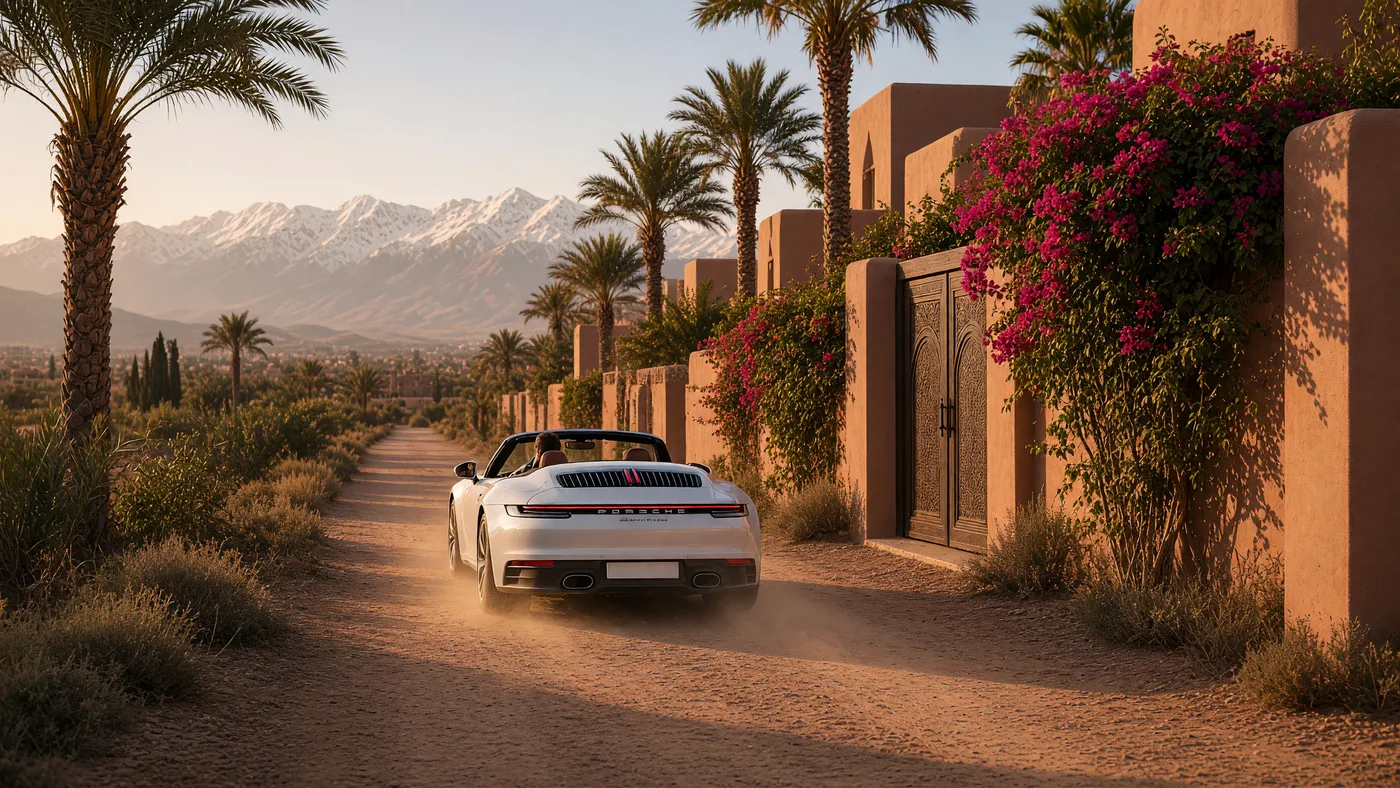 El 911 se aleja por un camino de palmeras hacia el Atlas